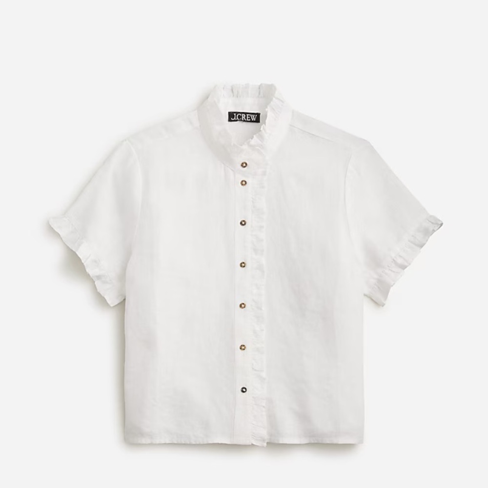 Jcrew Ruffle-trim button-up shirt in linen white size xs